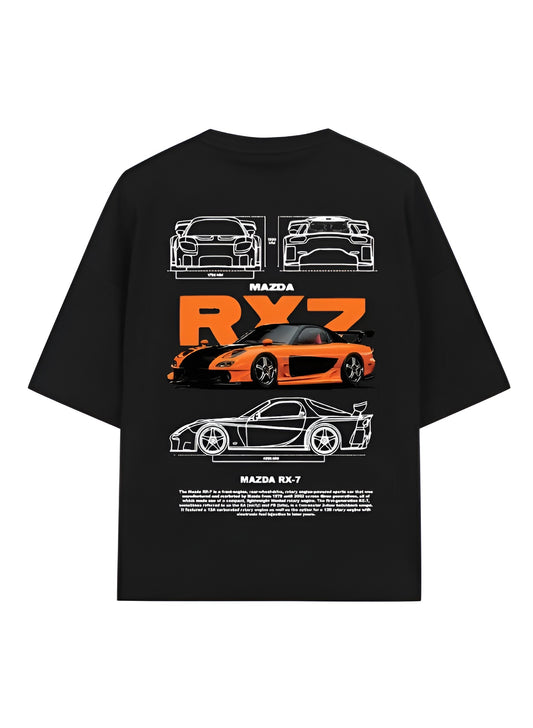 Mazda RX-7 Oversized T-Shirt – Orange Drift Coupe Design Inspired by RX Series