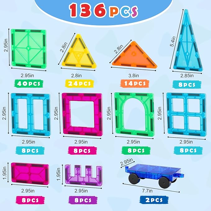 Magnetic Tiles Deluxe 136 PCS – 3D Building Blocks Magnet Toys for Kids