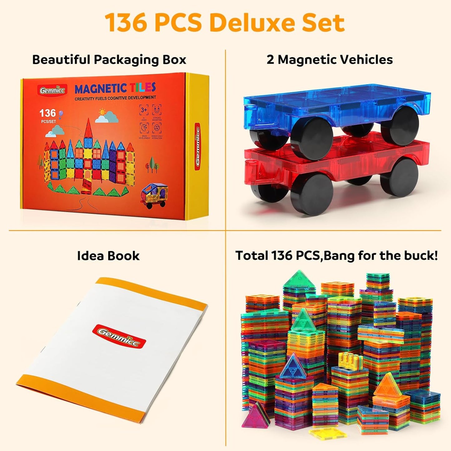 Magnetic Tiles Deluxe 136 PCS – 3D Building Blocks Magnet Toys for Kids