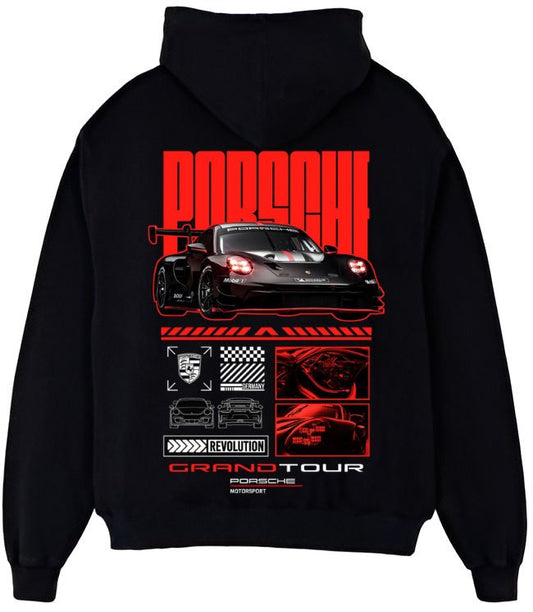 911 Grand Tour Motorsport Porsche Hoodie - Black Race Car Graphic Pullover