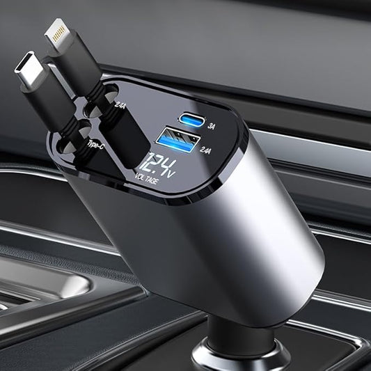 Retractable Car Charger 4-in-1 – Fast Charging Car Phone Charger with Multiple USB Cables