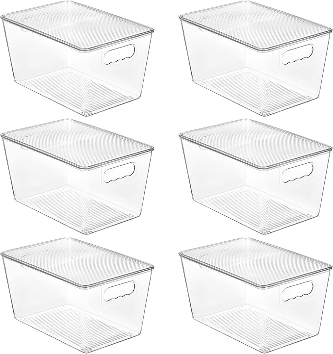 6-Pack Clear Stackable Storage Bins with Lids – Plastic Organizer Boxes with Handles for Kitchen, Pantry, Bathroom, Closet & Fridge