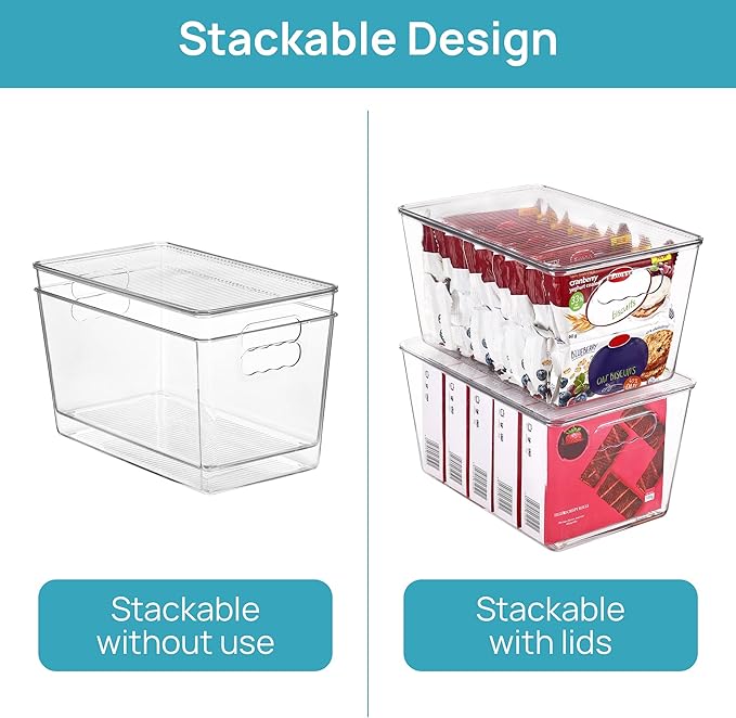 6-Pack Clear Stackable Storage Bins with Lids – Plastic Organizer Boxes with Handles for Kitchen, Pantry, Bathroom, Closet & Fridge