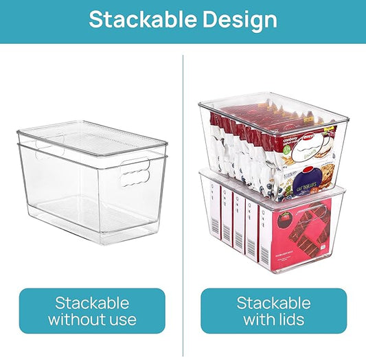 6-Pack Clear Stackable Storage Bins with Lids – Plastic Organizer Boxes with Handles for Kitchen, Pantry, Bathroom, Closet & Fridge
