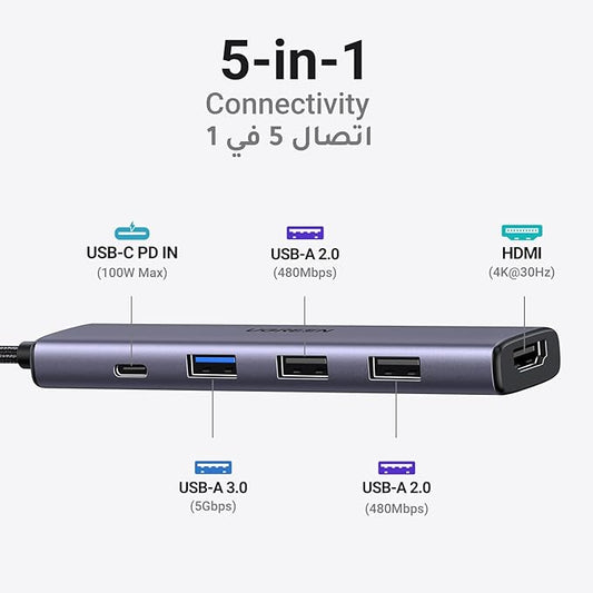 USB C Hub with 100W PD Charging, 4K HDMI Adapter, 3 USB A Ports, Multiport Type-C Hub