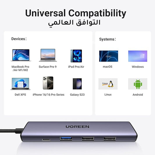 USB C Hub with 100W PD Charging, 4K HDMI Adapter, 3 USB A Ports, Multiport Type-C Hub